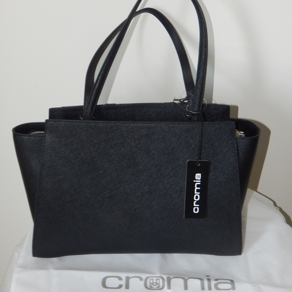 CROMIA Saffiano Leather Black Studded Structured Satchel Shoulder Bag ITALY NWT - Picture 3 of 6